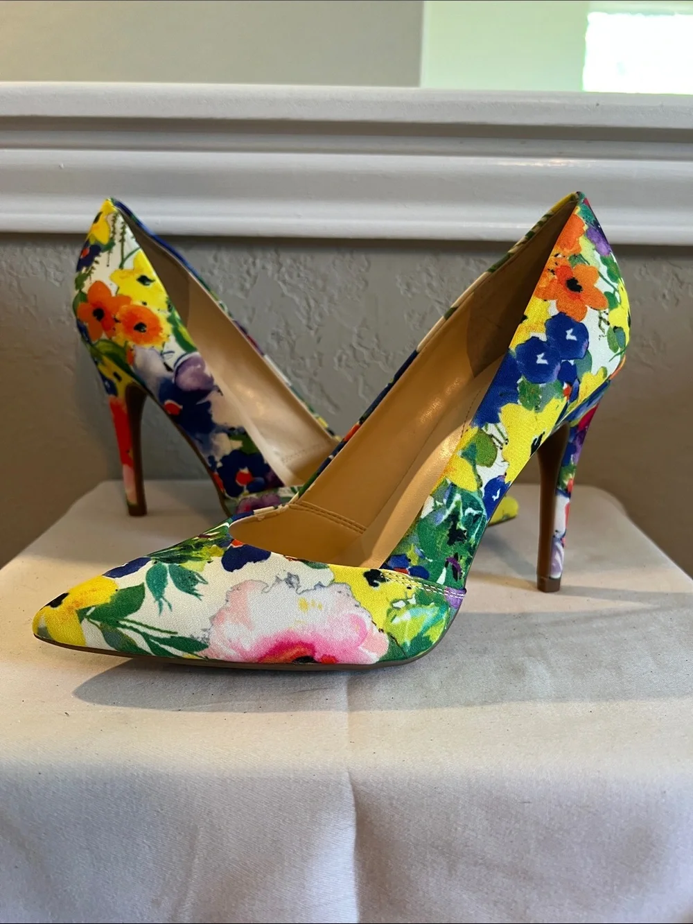 GUESS Floral Pointed-Toe Pumps - Yellow, Blue, Green